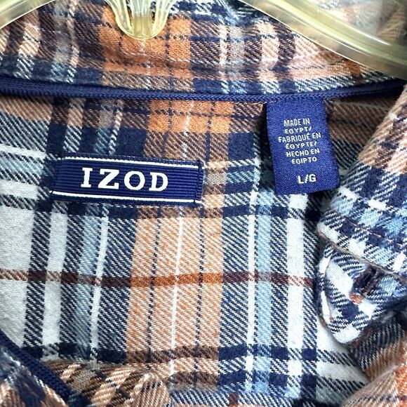 IZOD Mens Large Plaid Flannel Shirt Button Down Blue Orange Cotton Blend Pre-Own - Picture 3 of 12